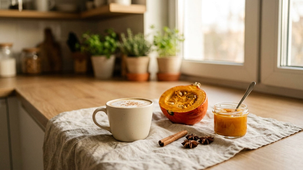 Dyniowe latte w szklance obok kawałków pieczonej dyni hokkaido i paczki Espresso Mild 1 kg z Manufaktury Kawy