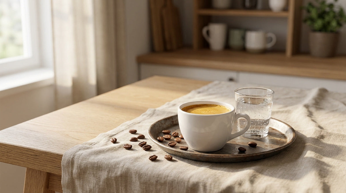 Espresso z kawy Słoń Manufaktura Kawy w filiżance z gęstą cremą, obok szklanka wody