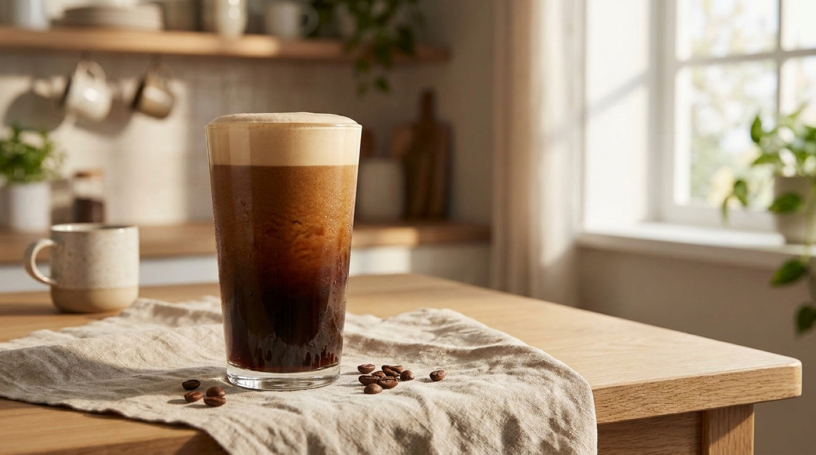 Kawa nitro z cold brew z kawy Przelewix Zawsze Czekoladowy Manufaktura Kawy w wysokiej szklance z kremową pianką